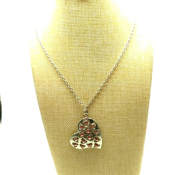 Silver-tone Heart Necklace Red Rhinestones - Picture 13 of 15